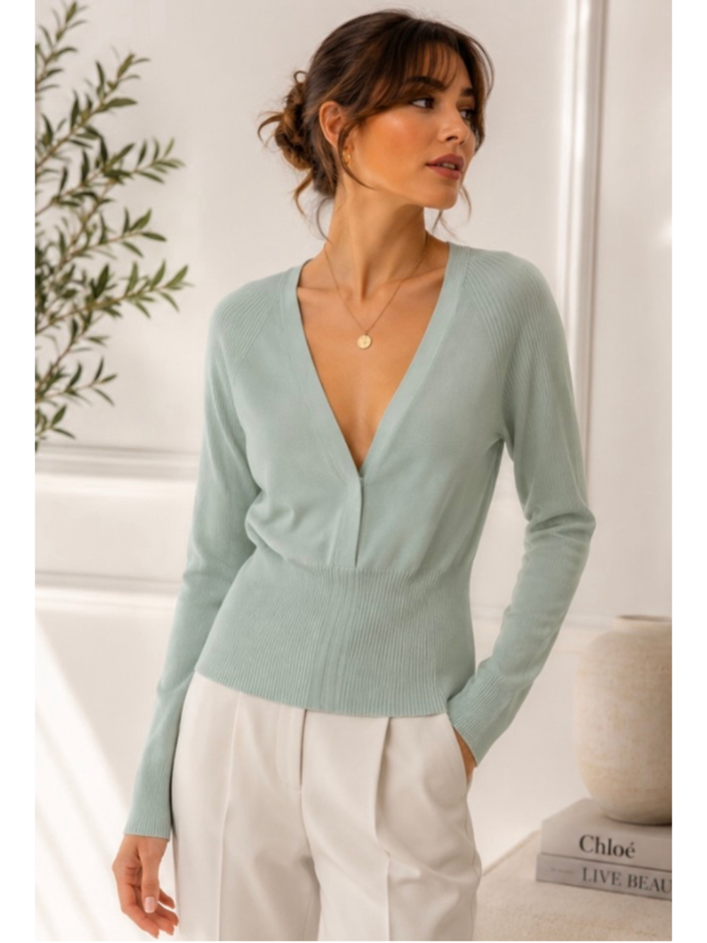 D.Exterior V-Neck Sweater, Size M, Light Green New w Tags Italian Luxury